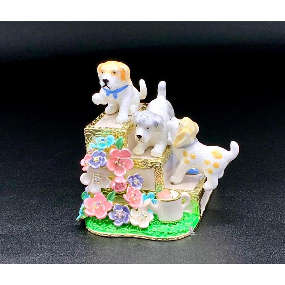 Puppy Dog Trinket Box Enamel Hinged Floral Garden Keepsake Figurine